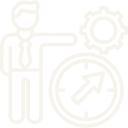 Pictogramme beige illustrant la formation management avec un manageur ou dirigeant faisant progresser son équipe chez Formation Fred Amil Coaching